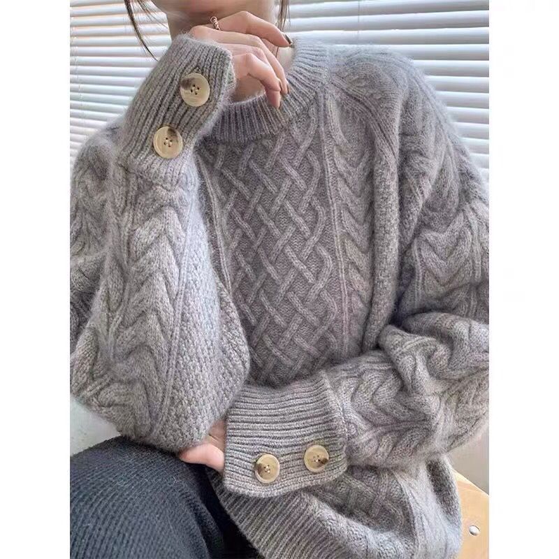 Autumn and Winter Twist Pullover Sweater Women's Loose Retro Lazy Style Round Neck Heavy Industry Base Knitted Sweater