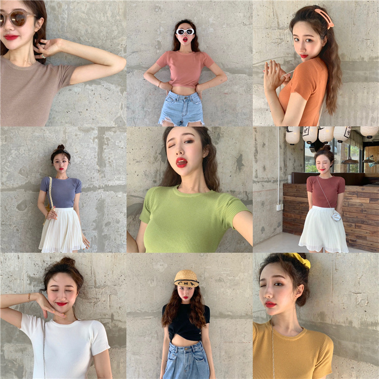 Spot Summer Round Neck Slim Base Short-sleeved T-shirt Women's Top Tight Inner Ice Silk Knit Sweater for Women