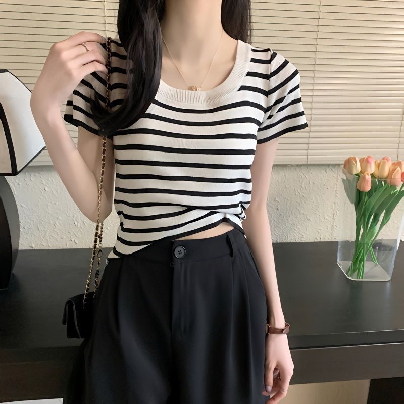 Summer Ice Silk Knitted Sweater Short-sleeved T-shirt Design Sense Niche Stripe Shoulder Slim-fit Short Top with High Waist Pants