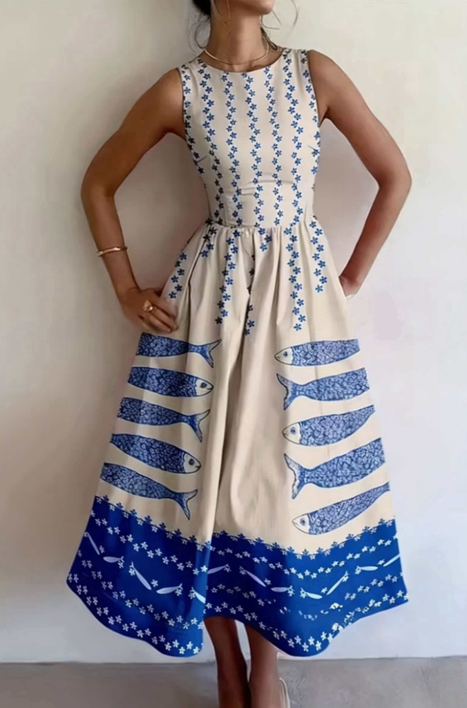 [12000059636282030] Fish Print A-Line Flared Dress (XL)