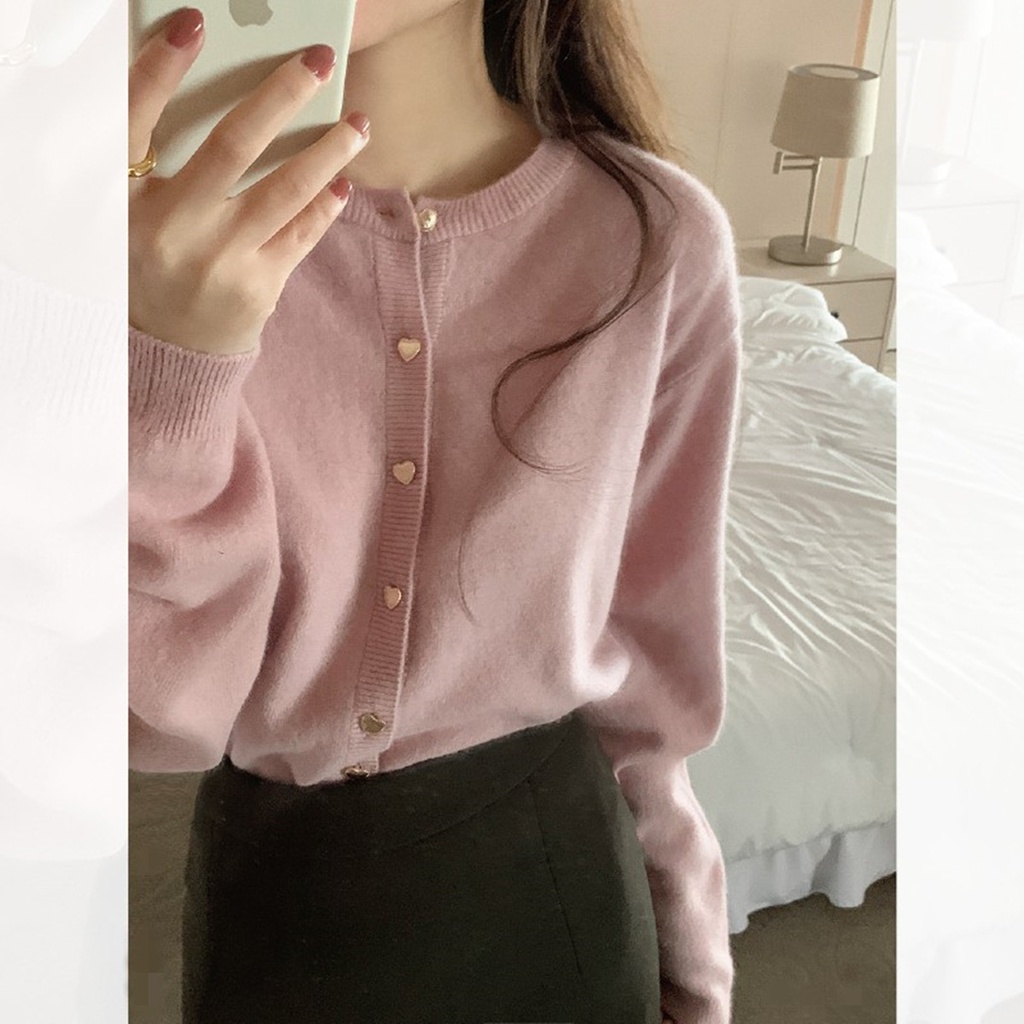 Gentle Love Button Pink Sweater Women's Spring and Autumn Outer Wear Loose Sweet Style Knitted Small Cardigan Top Coat