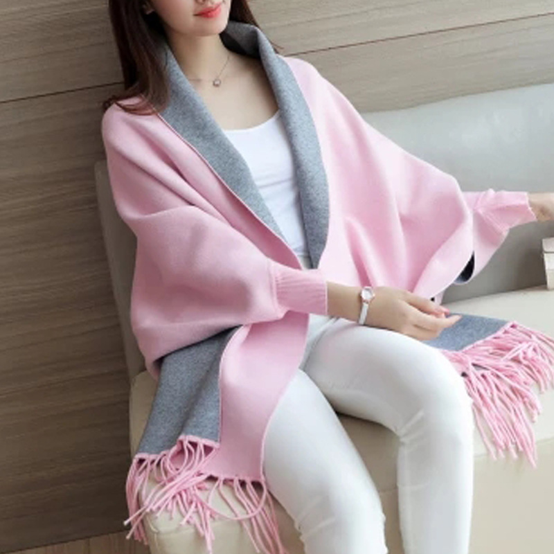 Autumn and Winter Korean Style Tassel Shawl Coat Cape Coat Bat Sleeve Sweater Knitted Cardigan for Women