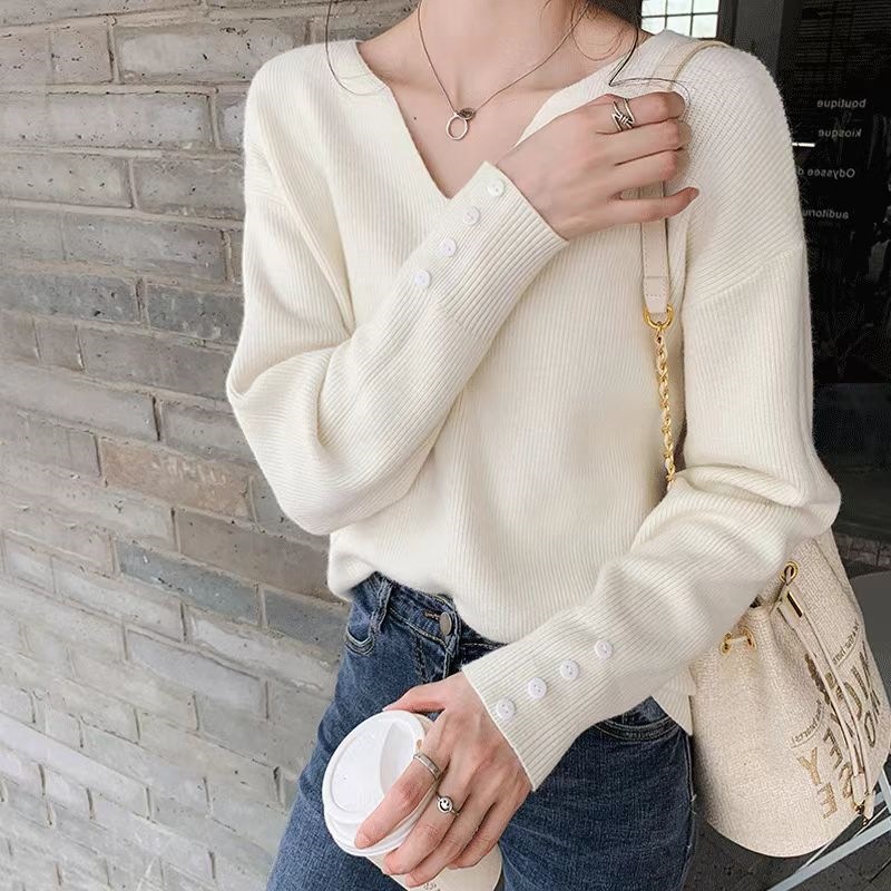 Knitwear Autumn and Winter Pullover Sweater Women's Loose Gentle Style V-Neck Top Stylike Long Sleeve Base Shirt Women's Clothing