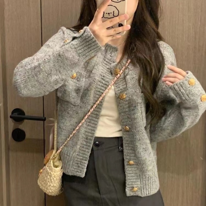 Spring and Autumn Soft Waxy Mixed Flower Grey Sweater Cardigan Jacket Temperament Small Style Long Sleeve Sweater Top