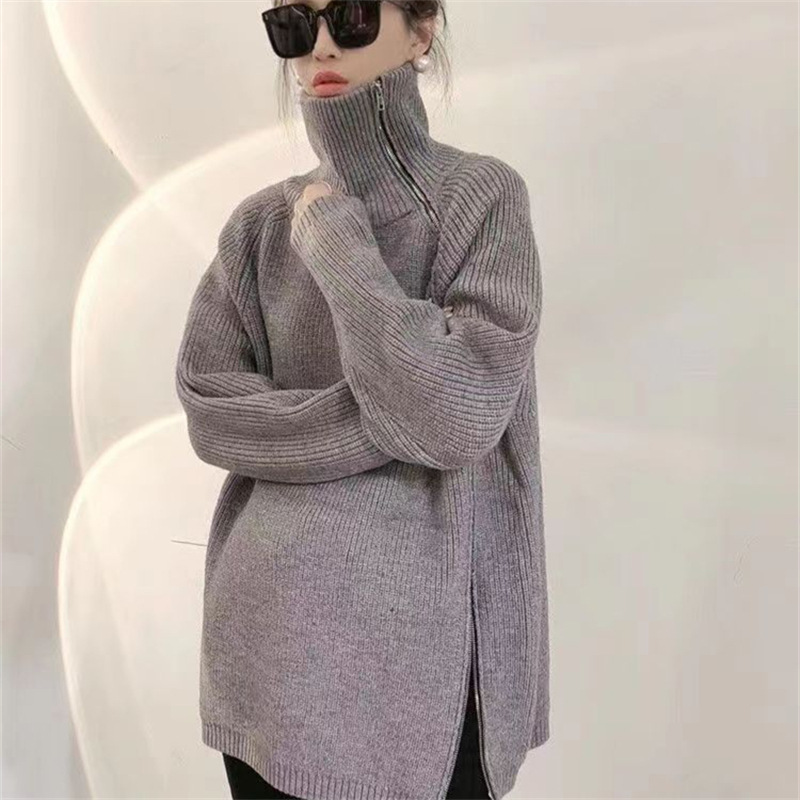 Turtleneck Sweater Women's Autumn and Winter Women's Arrival Loose Mid-length Lazy Style Side Zipper Lapel Sweater for Women