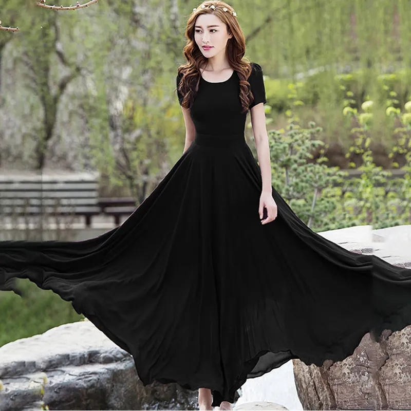 [12000031676257635] Chiffon Beach Maxi Dress (Black, XL)