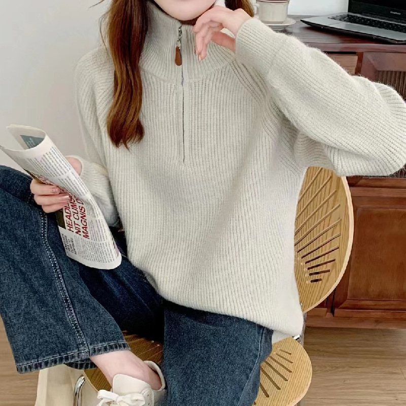 Turtleneck Half-zipper Pullover Sweater Women's Autumn Long-sleeved Commuter Knitted Top Levers Soft Waxy Design