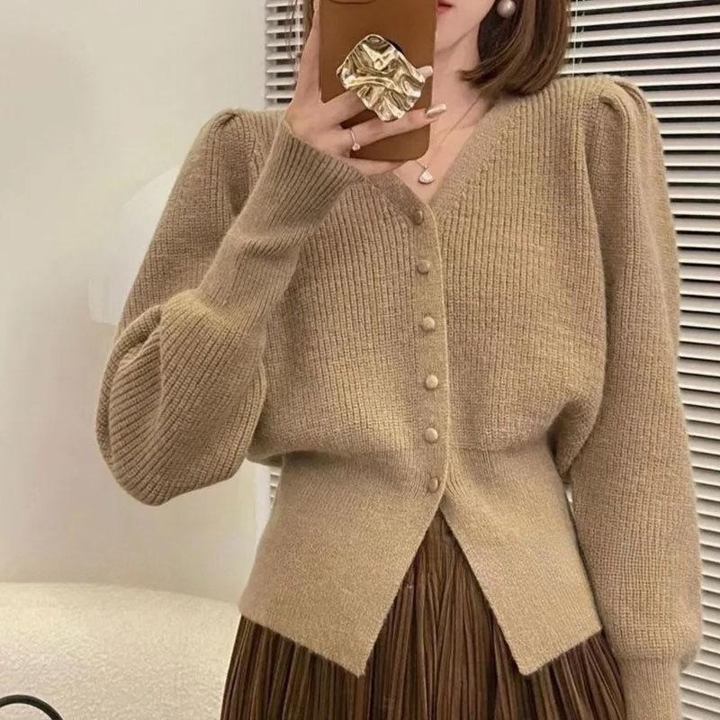 Knitted Cardigan Coat Women's Autumn and Winter French V-neck Tight Waist Slimming Casual Sweater Women's Top Women's Clothing