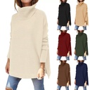 Women's turtleneck oversized sweater mid-length batwing sleeve split hem waist pullover sweater