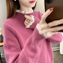 Half turtleneck sweater women's loose outer wear women's autumn and winter interior stitching lace knitted base shirt