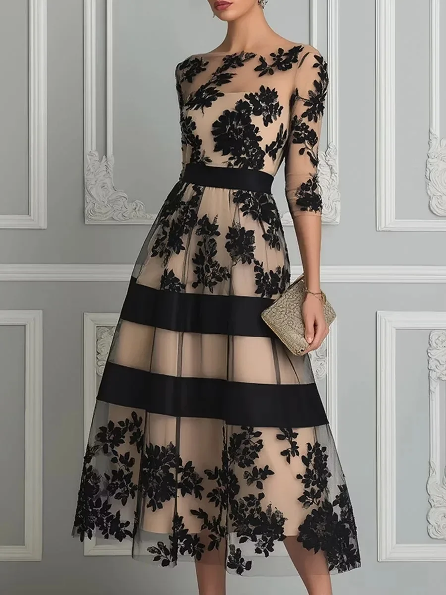 Floral Tulle A-Line Midi Dress (XL)
