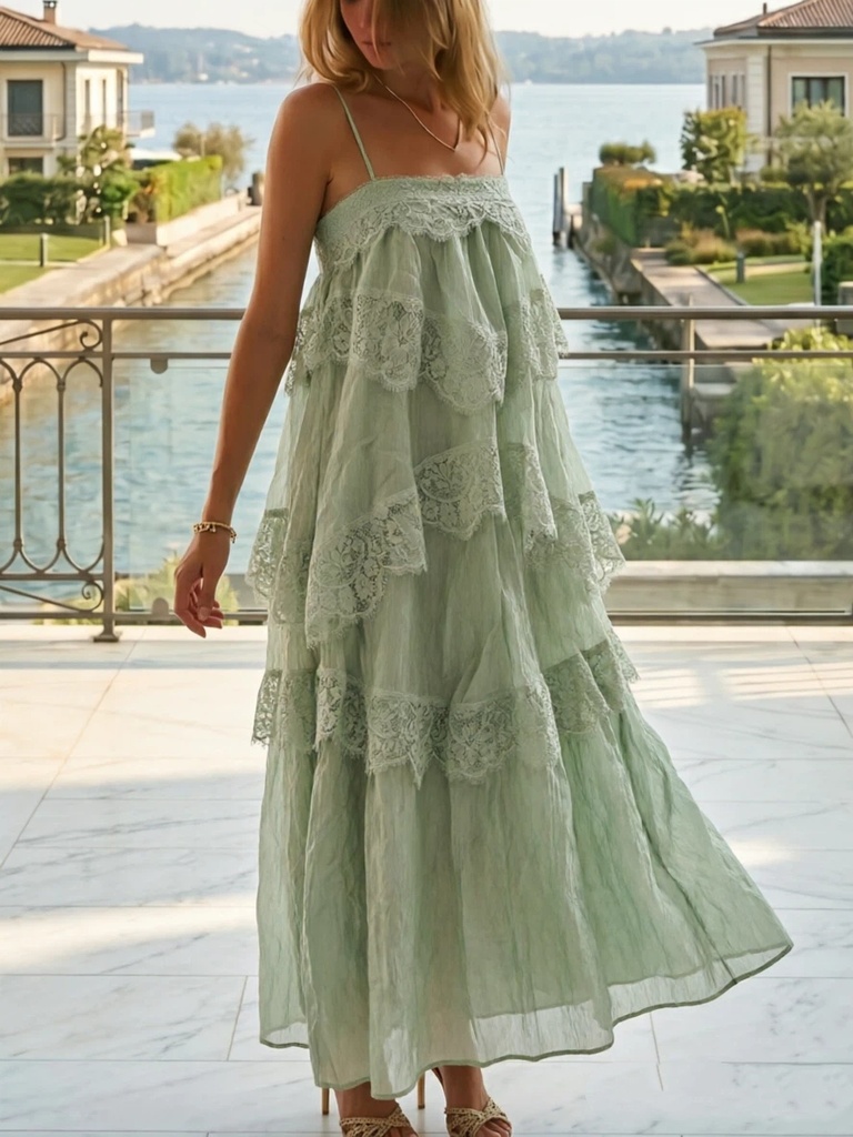 Lace Tiered Ruffle Midi Dress (Green, S)