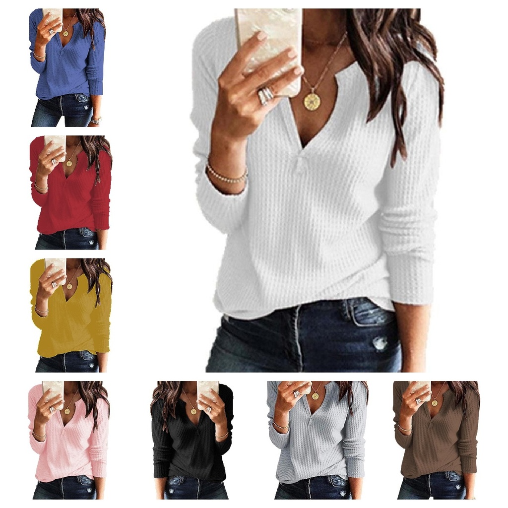 Europe and the United States women's autumn and winter waffle sweater V-neck long sleeve jacket T-shirt Source factory