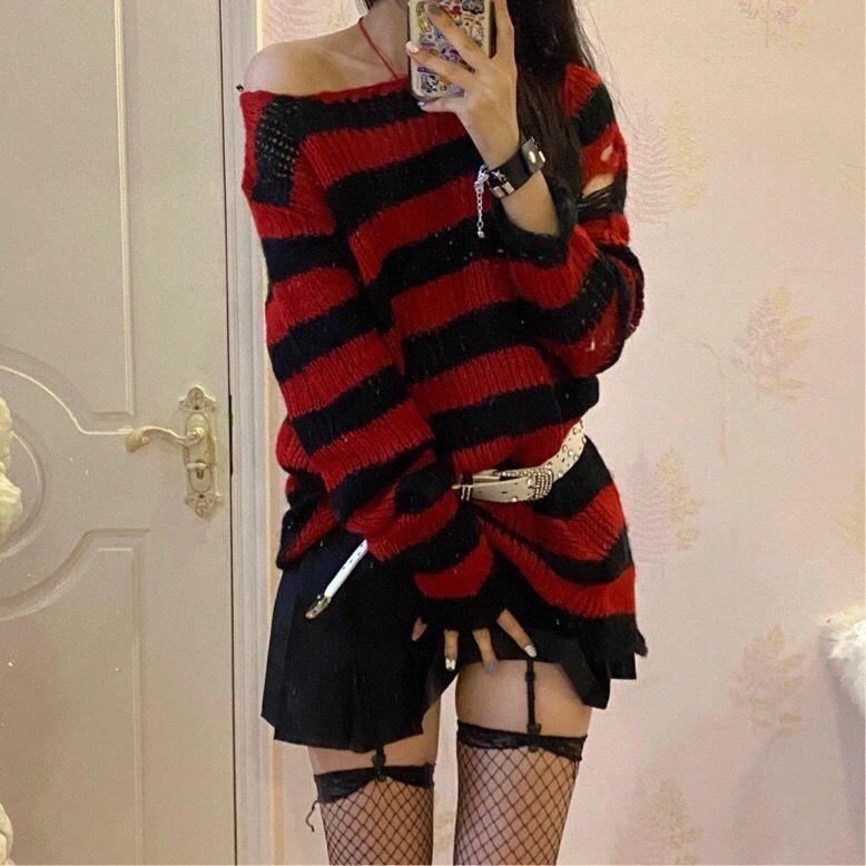 Women's Korean-style ripped hollow-out mid-length sweater, striped, loose, dark, all-matching knitted clothes, niche