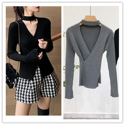 3482 Spring and Autumn Base Shirt Hanging Neck Elegant Cross Collarbone Design Long Sleeve Inner Knit Sweater for Women