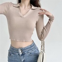 Real shot autumn American style hot girl sexy collar slim fit women's long sleeve sweater short lapel waist sweater