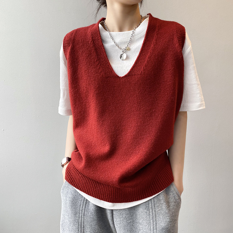 Words Double Knitted Vest Women's Spring College Style V-Neck Loose Lazy Sleeveless Waistcoat BX045