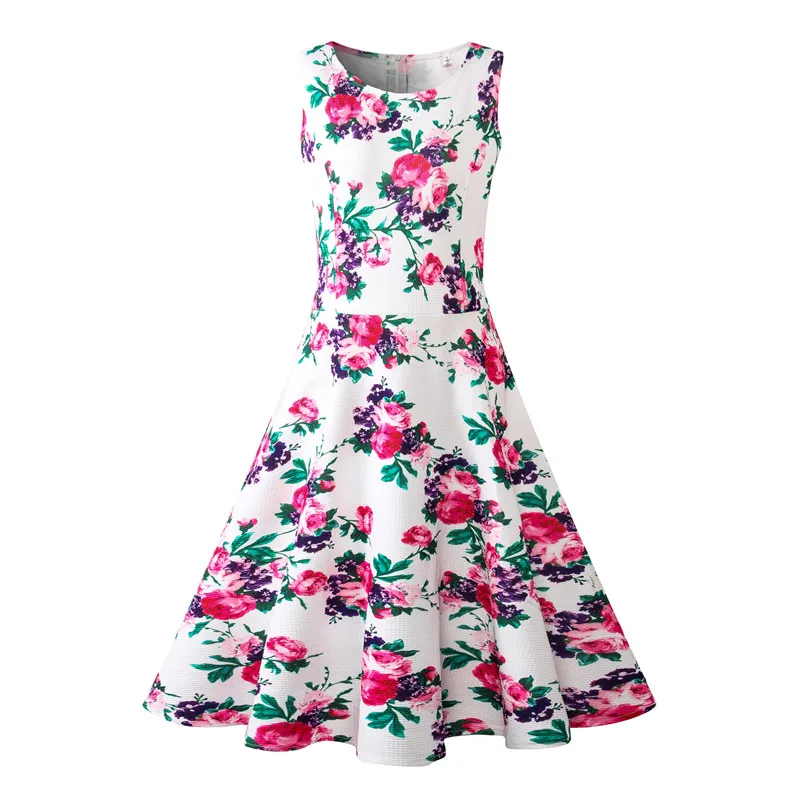 Floral Print Retro Swing Dress (Pink, XL)
