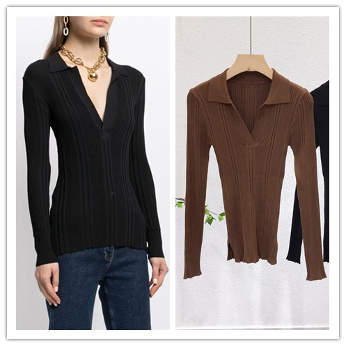 3558 French Retro Hong Kong Style Lapel Slim Fit Slim Threaded Small V-Neck Knit Base Shirt Inner Top