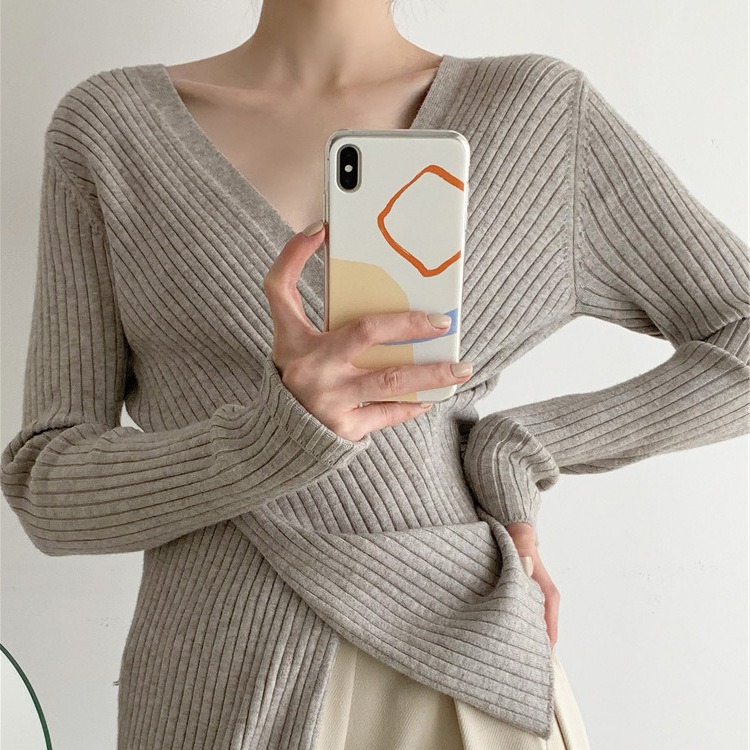 3428 Retro Autumn and Winter V-Neck Cross Irregular Clavicle Slim-Fit Slim Sweater Base Shirt for Women