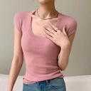 French Style U Collar Bead Short-sleeved T-shirt Women's Summer Simple Slim-fit Slimming Knitted Top Trendy