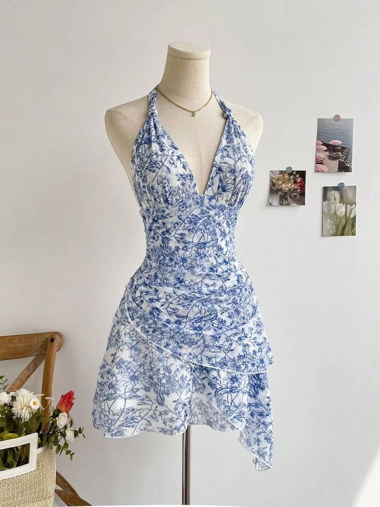 Blue Floral Mesh V-Neck Dress (S)