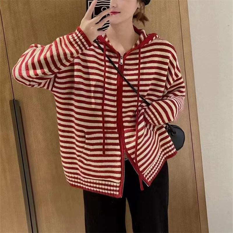 Striped Sweater Cardigan Women's Zipper Loose Outer Wear Lazy Style Autumn Knitted Top Coat Women's Clothing