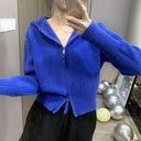 Sweater Women's Klein Blue Age-reducing Design Sense Double-head Zipper Hooded Short Knitted Cardigan Fashionable Slim Top