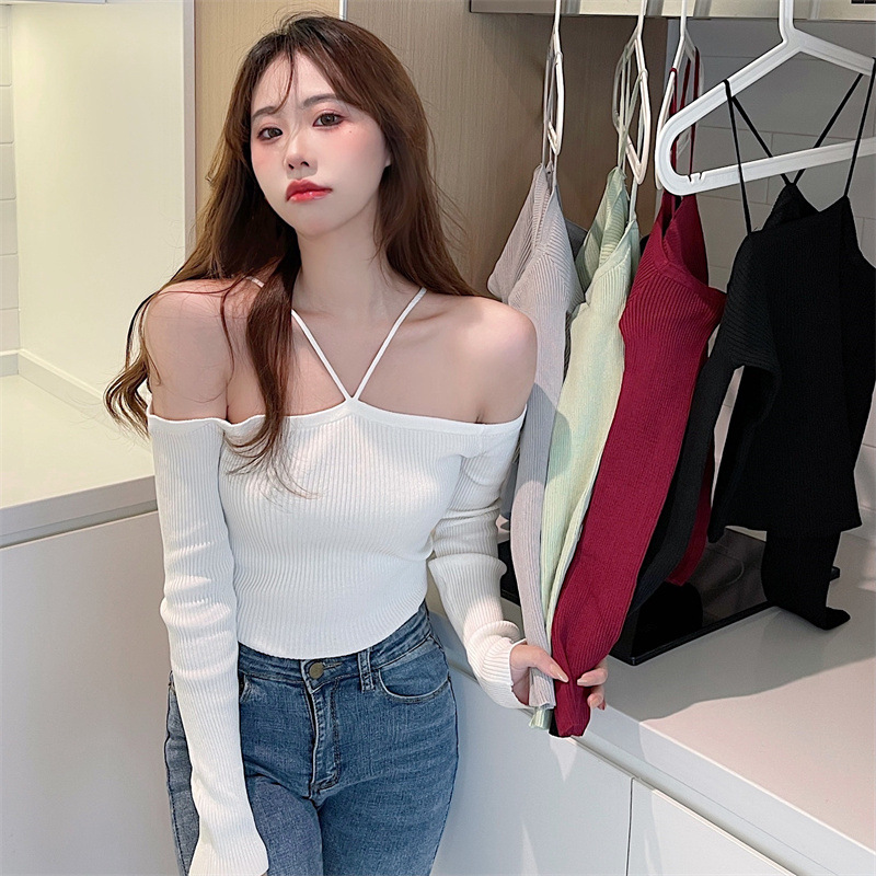 Hanging Neck Shoulder Strap Off-Shoulder Long-Sleeved Pullover Sweater Sexy Pure Desire Slim-Fit Southeast Asian Top