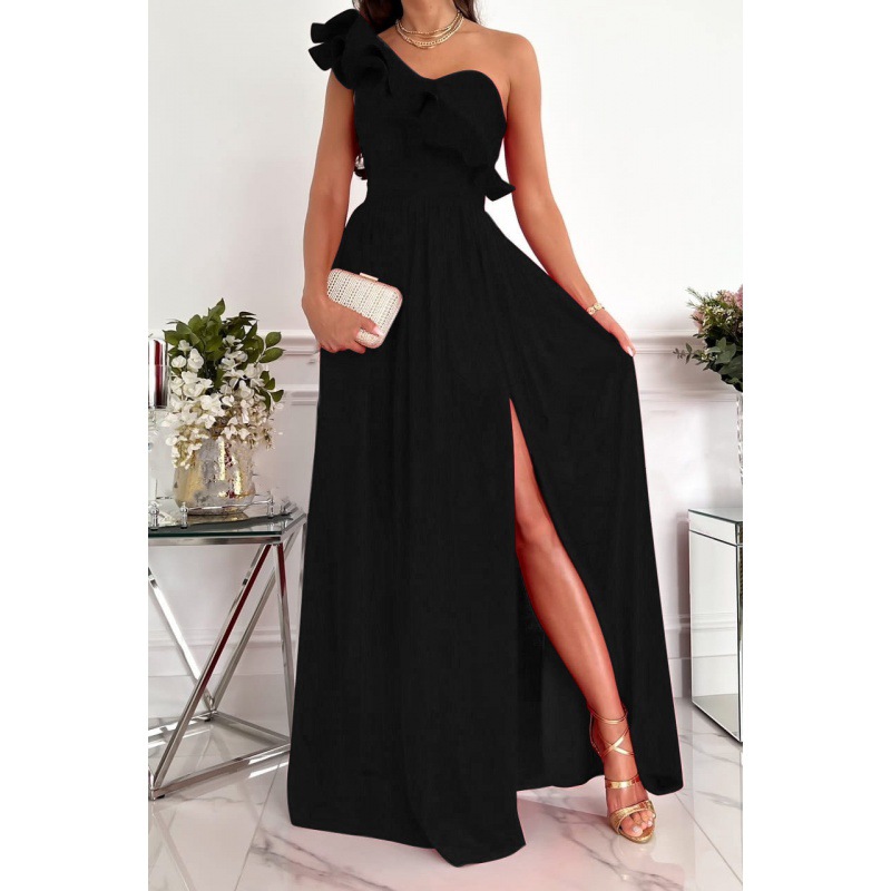 Long Single Shoulder Evening Dress (Black, S)