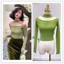 3682 Hong Kong Style Retro Off-Shoulder Neck Slim-Fit Slimming Off-Shoulder Design High Waist Short Sweater Top