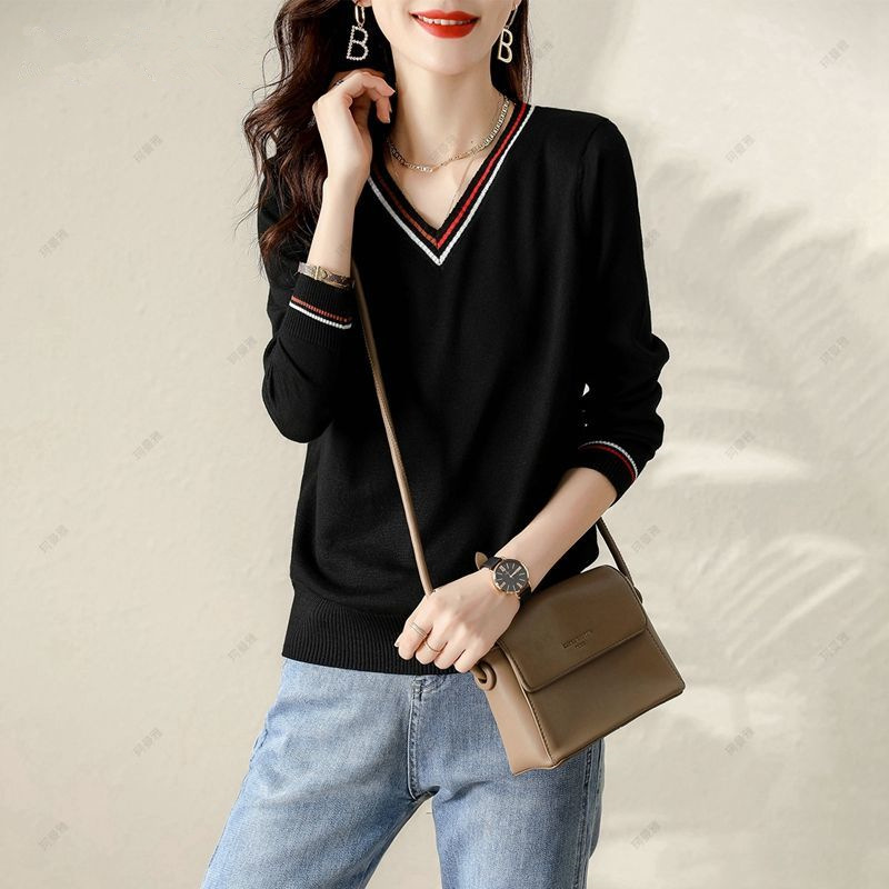 Spring Knitted Shirt Long-sleeved Top Women's Western Style All-match Loose Slim Base Shirt Trendy