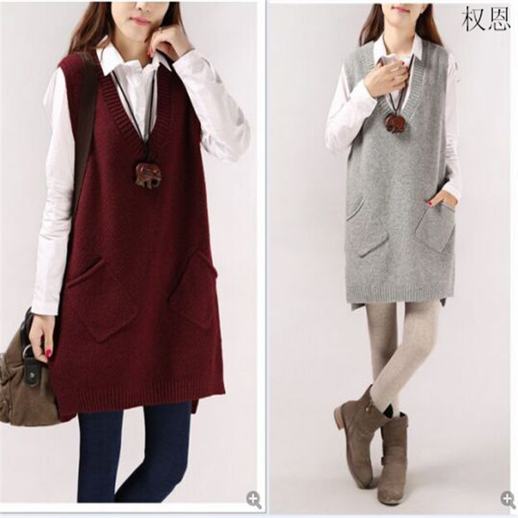 Spring and Autumn Vest V-neck Vest Knitted Pocket Korean-style Mid-length Sleeveless Sweater for Women