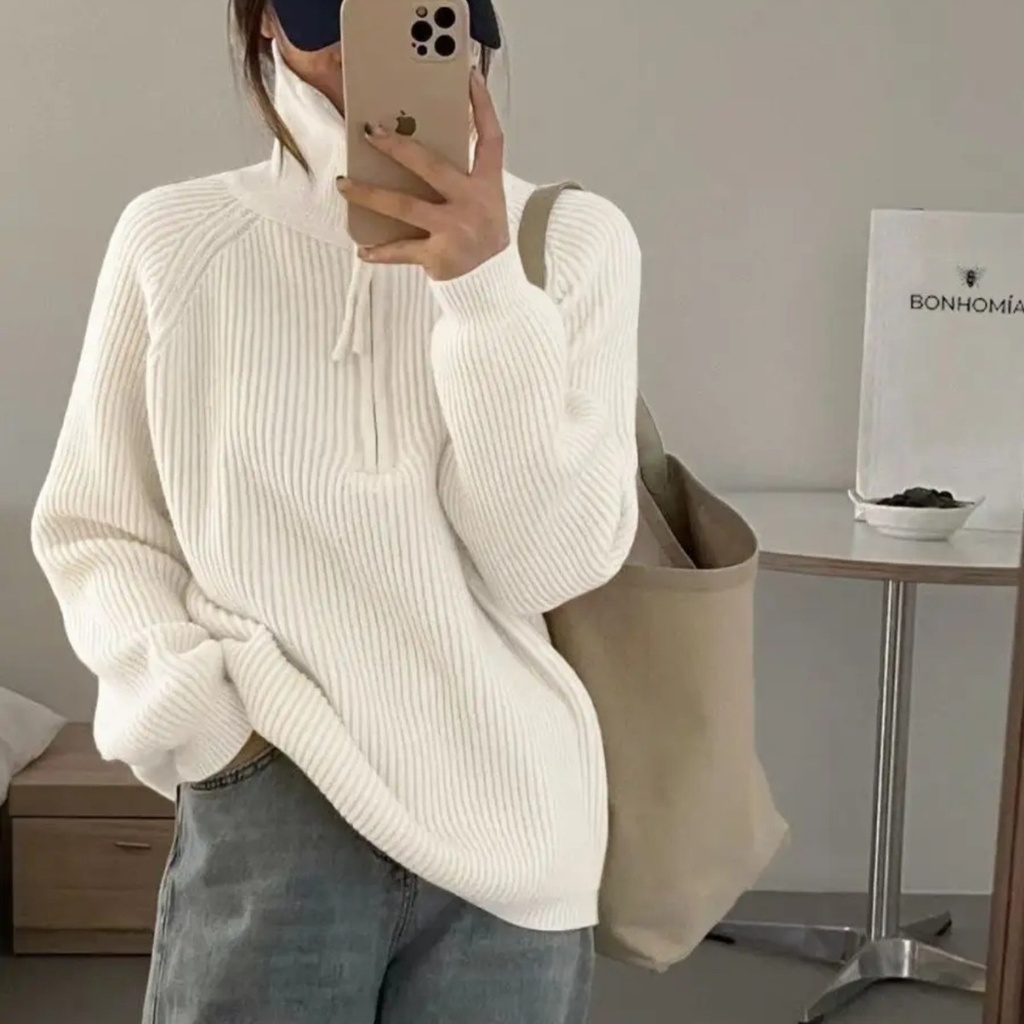 Autumn and Winter Pit Strip Half Zip Sweater Women's Design Sense Standing Collar Soft Waxy Loose Lazy Style Outer Wear Knitted Sweater Top