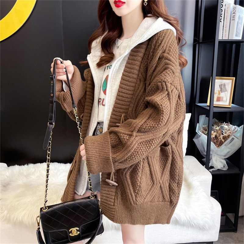 Hooded Stitching Fake Two-piece Sweater Women's Cardigan Mid-length Autumn and Winter Outer Wear Loose Lazy Thickened Sweater Jacket