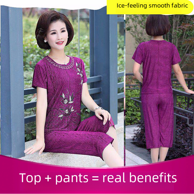 Factory Direct Mother Set Summer Imitation Ice Silk Two-piece Set Middle-aged and Elderly Women's Large Summer Clothes