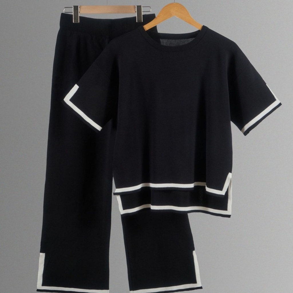 Europe and the United States summer knitted suit sweater suit short sleeve pullover wide leg pants