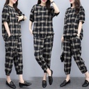 Southeast Asia Large Size Casual Short-sleeved Two-piece Loose Trendy Plaid Suit Women's