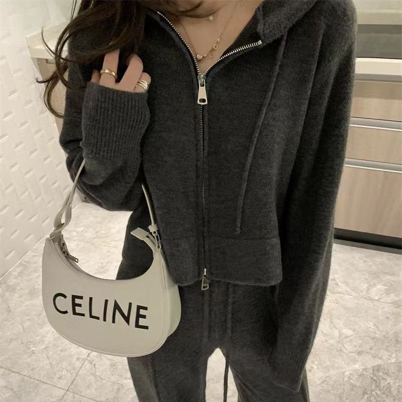 Zipper Hooded Sweater Two-Piece Set Spring and Autumn Casual Fashion Split Knitted Wide Leg Pants Set for Women