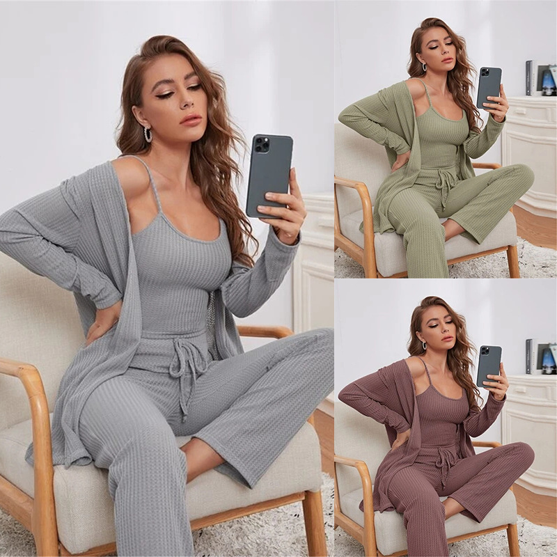 Home wear women's waffle knitted sling top trousers robe pajamas three-piece suit