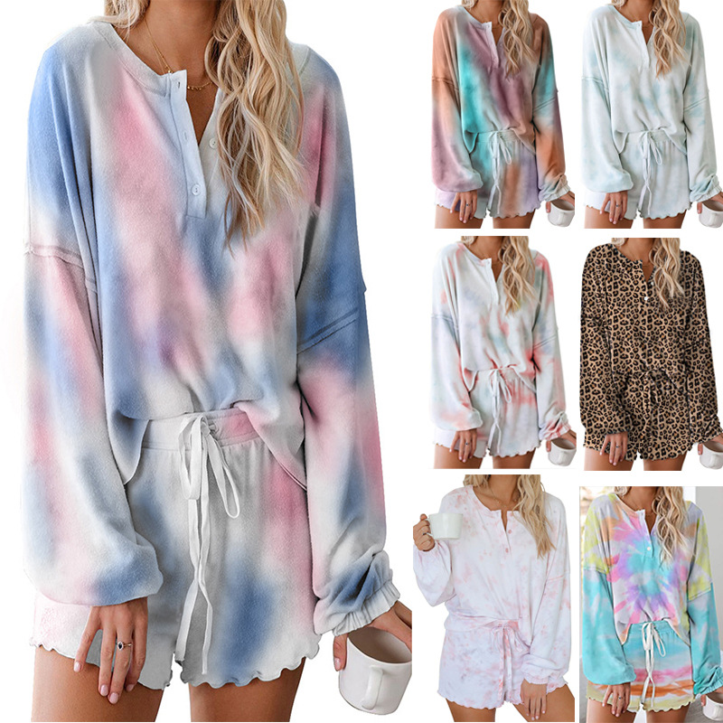 Tie-Dye Pajamas Women's Summer Breathable Long-Sleeved Ear-Edge Home Clothes Two-Piece Set for Women