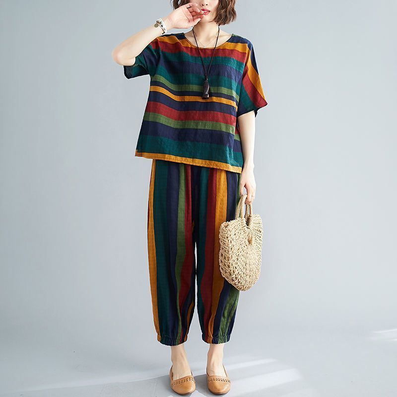 Thailand Summer Loose Artistic Retro Striped Short-sleeved Casual Women's Fashion Mother's Western Style Suit