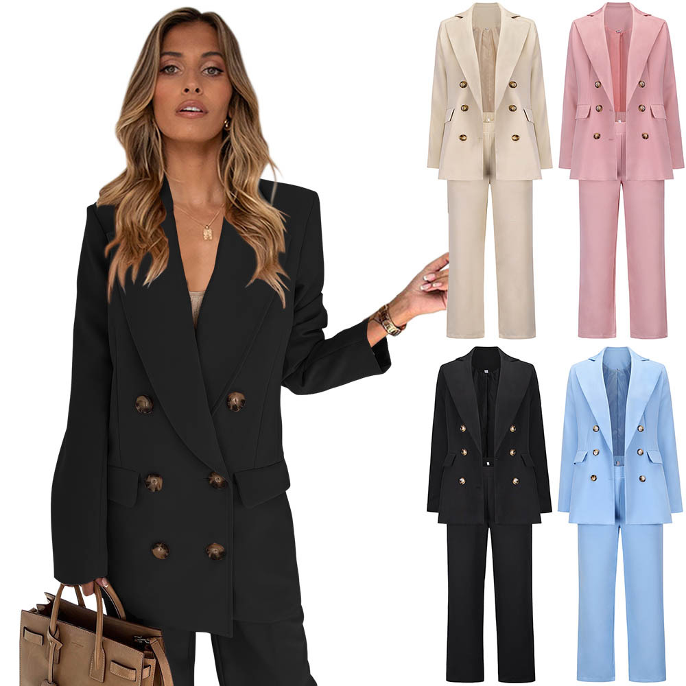 British style elegant double-breasted long-sleeved suit jacket straight trousers professional ladies suit