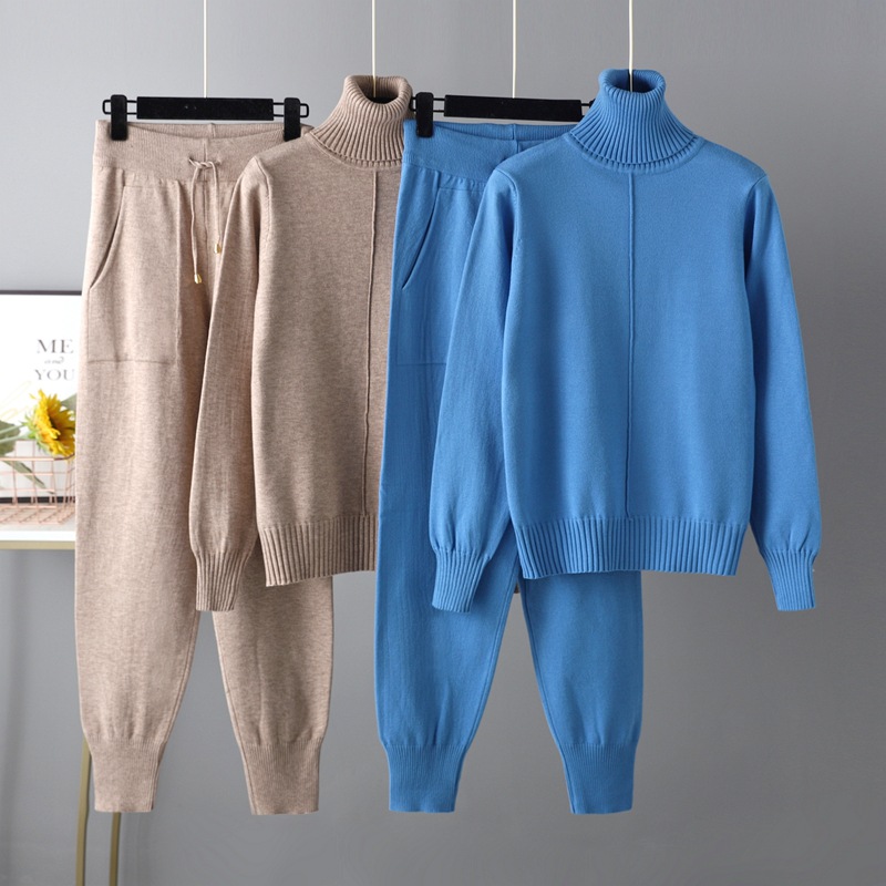 Leisure Fashion Suit Autumn and Winter Europe and America High Neck Solid Color Sweater Knitted Two-piece Suit