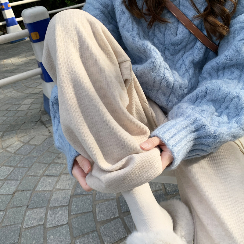 Cashmere Strip and Velvet Thickened Wide-leg Pants Women's Autumn and Winter High Waist Draped Glutinous Rice Pants Floor-length Pants Straight-leg Pants