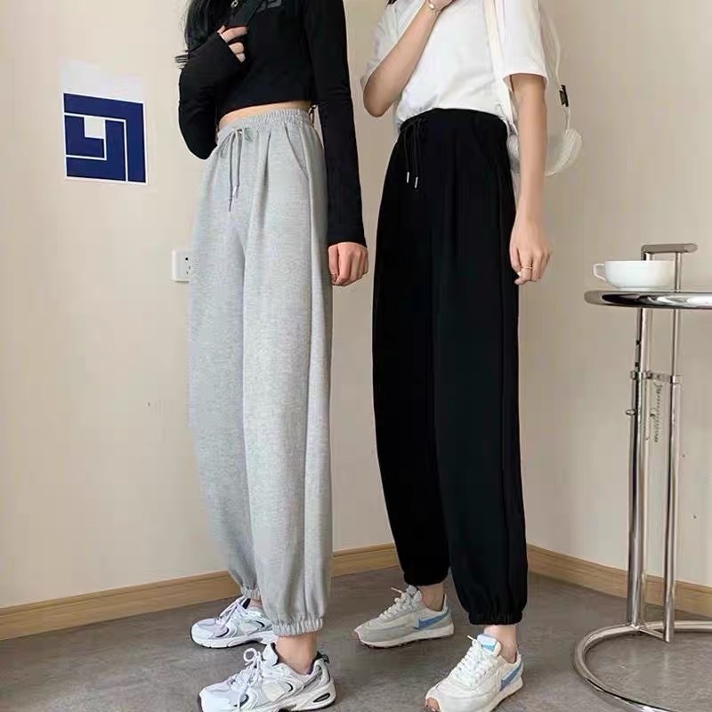 Gray sports pants for women autumn black ankle-tied cotton pants casual fleece-lined spring sweatpants
