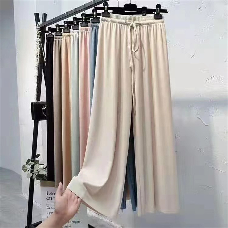 Pants Spring Toothpick Strip Ice Silk Wide Leg Pants Women's Thin Drawstring High Waist Pants Straight Casual Pants