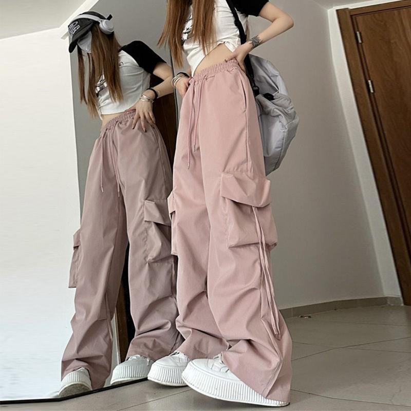 American retro quick-drying overalls women's summer high waist straight wide leg ribbon loose casual mopping pants fashion