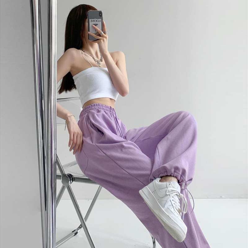 American Style Retro Hot Girl High Waist Wide Leg Sports Pants ins Casual Loose Drawstring Straight Slim-fit Leg Sweatpants for Women