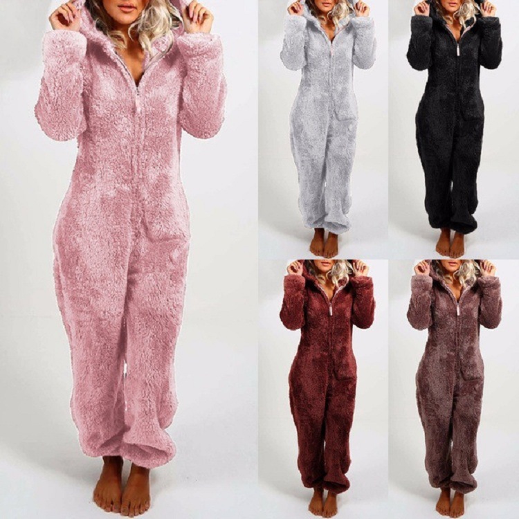 autumn and winter women's plus velvet padded Mao Mao jumpsuit home hooded pajamas